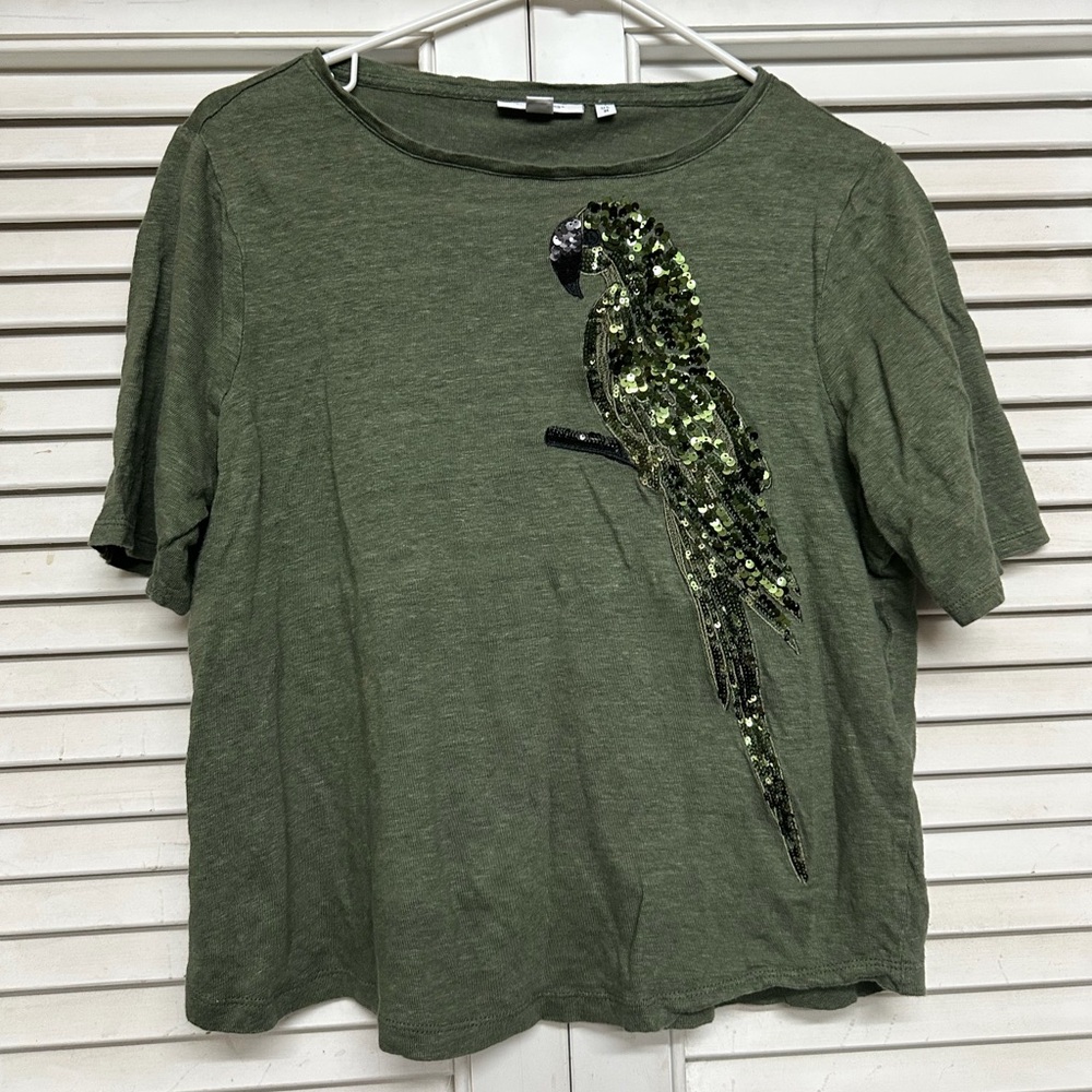 Chico's Olive Top with Sequin Parrot